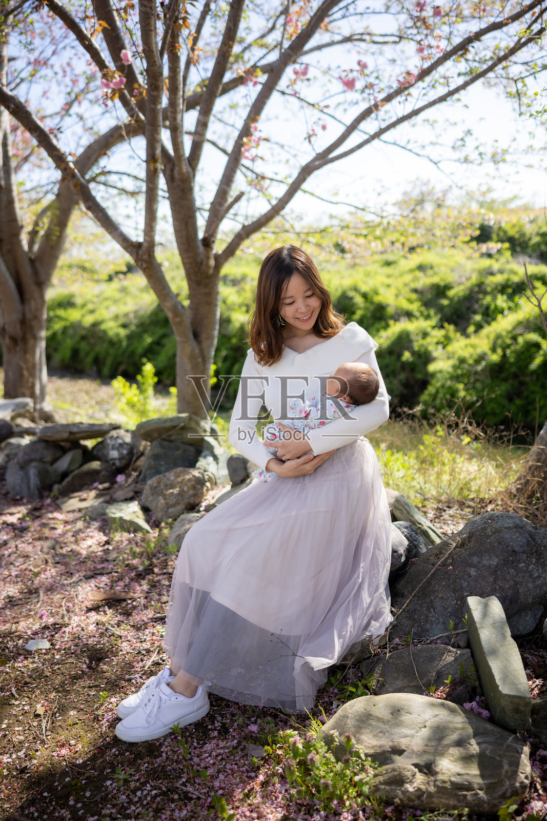 母亲在樱花树下抱着她的儿子照片摄影图片