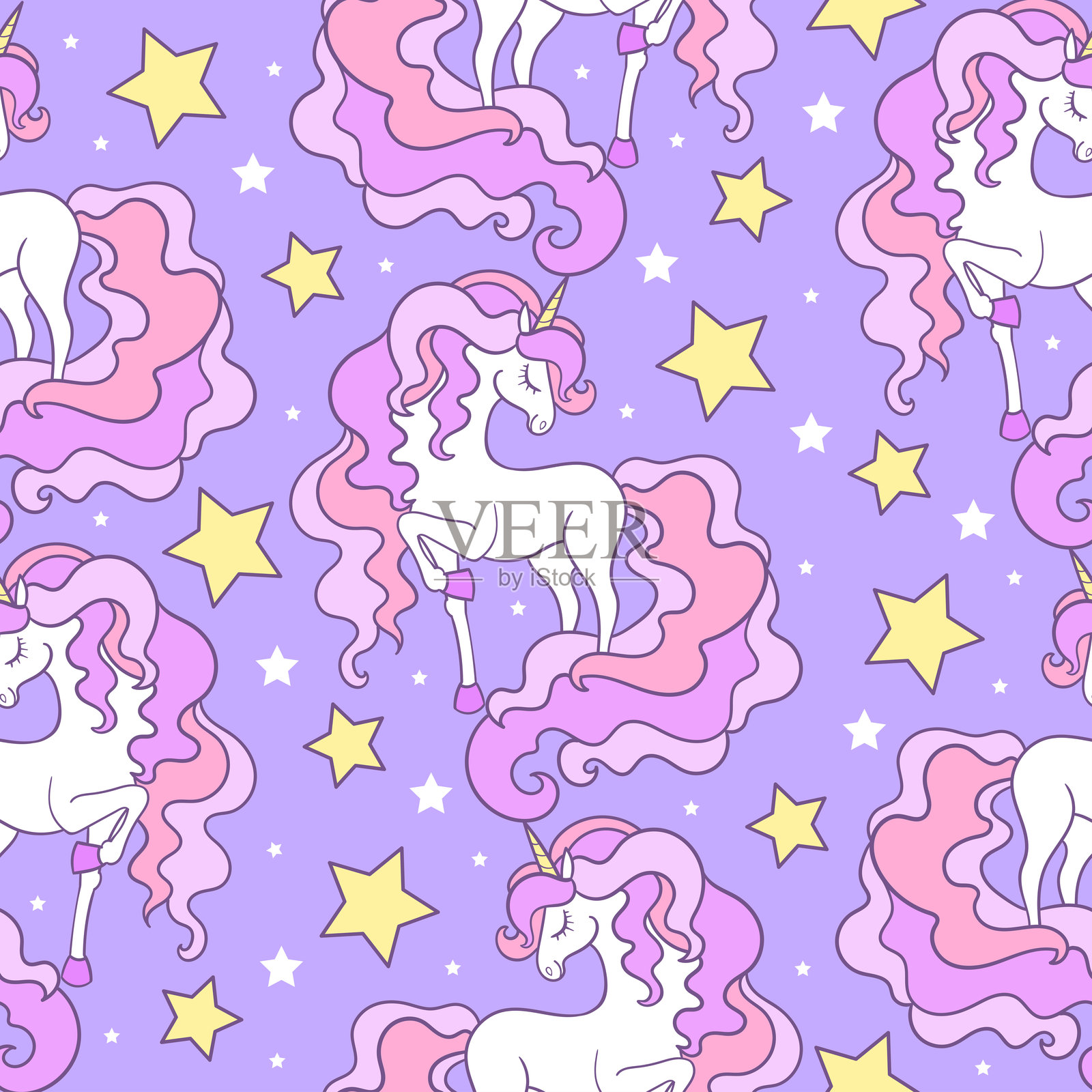 无缝图案,白色独角兽配粉色鬃毛。矢量图。插画图片素材