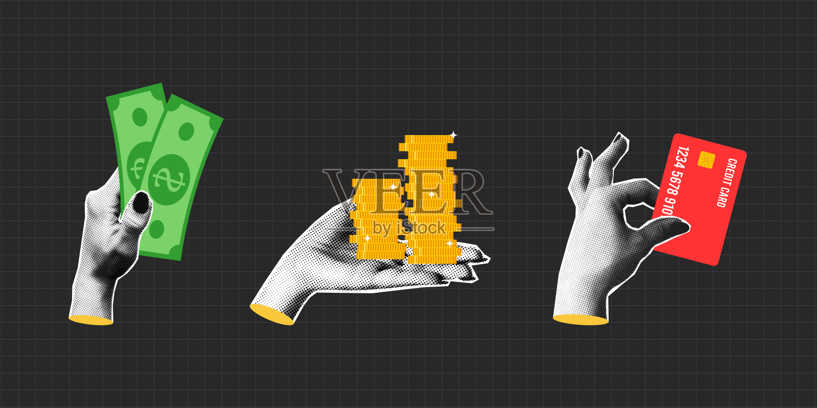 拼贴半色调手握现金和信用卡。女性半色调手臂递出现金、硬币和信用卡进行支付。金融、投资、捐赠和支付的概念。矢量图。插画图片素材