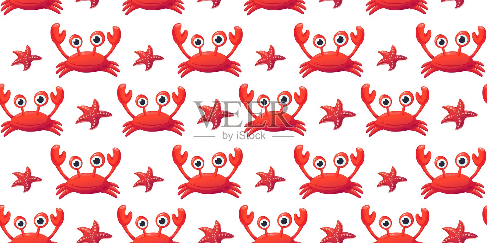 可爱的红色螃蟹和海星无缝图案,背景为白色。非常适合儿童产品、夏季主题、海滩服装和海洋装饰。插画图片素材