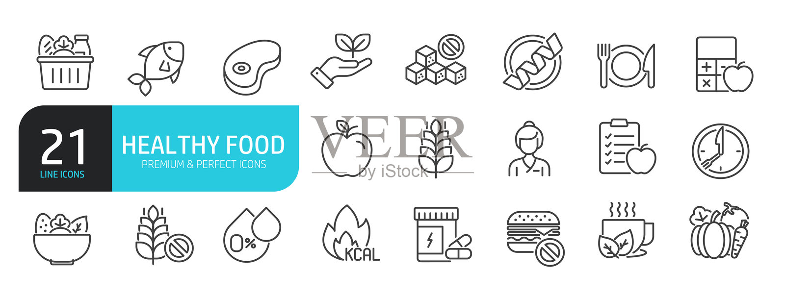 与健康食品、饮食、营养相关的线条图标集合。轮廓图标合集。可编辑的线条。矢量插图。插画图片素材