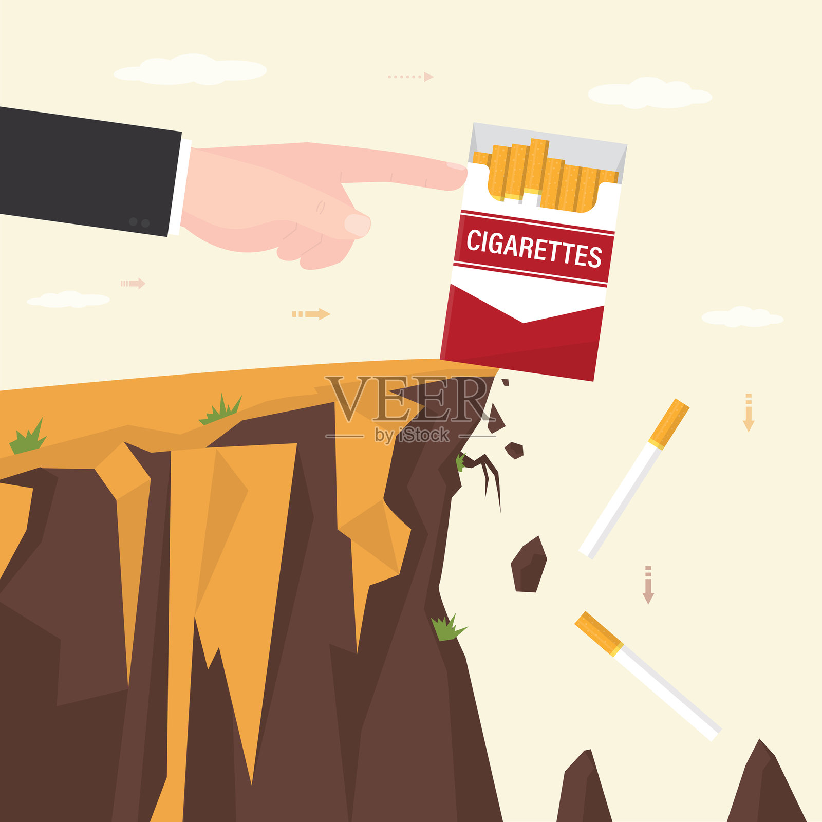 人手将香烟盒和烟蒂推下悬崖,投入深渊。抗击尼古丁成瘾,戒烟。通往健康生活方式,拒绝烟草。社会问题插画图片素材