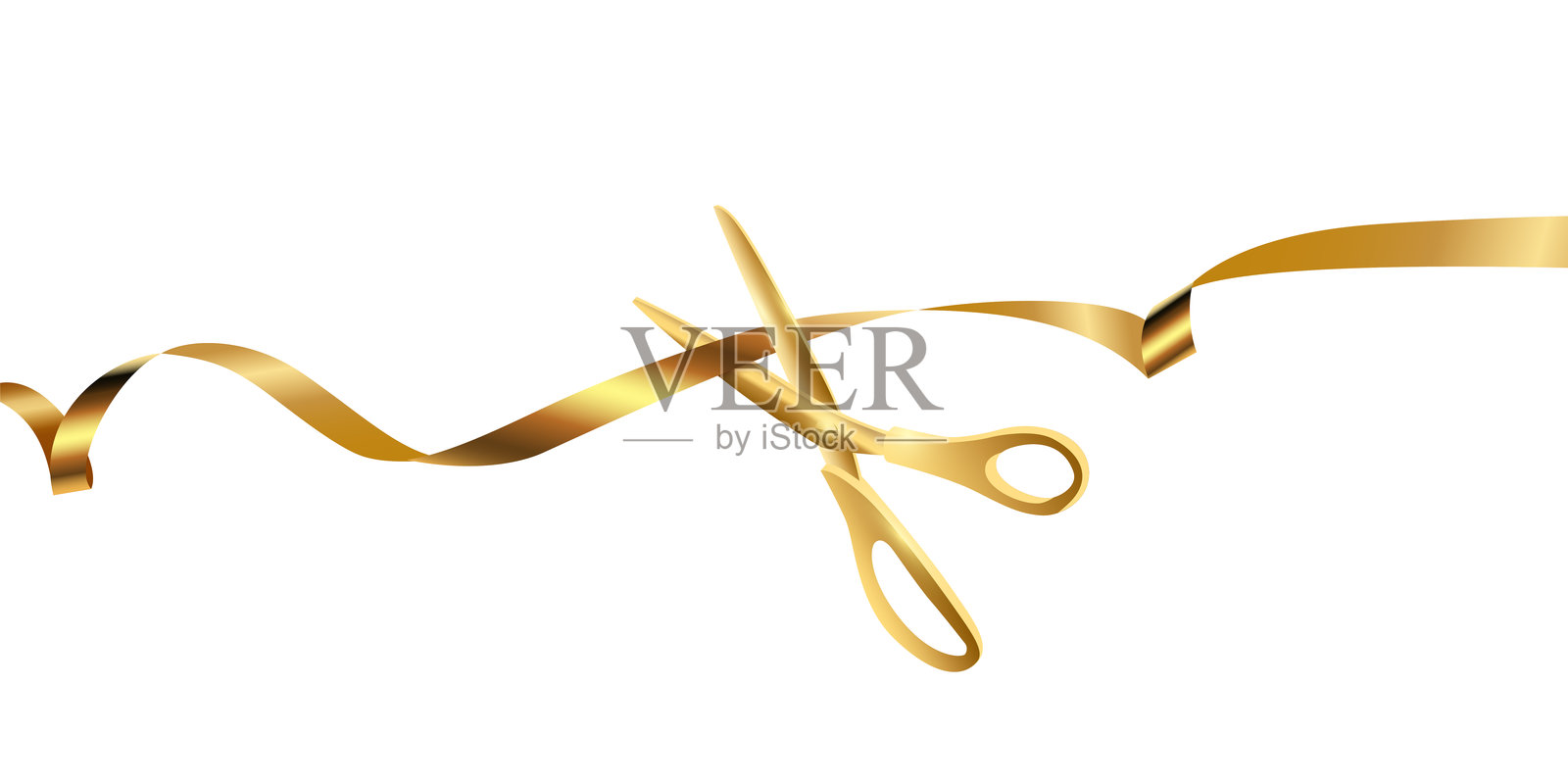 金色剪刀剪彩带的盛大开幕仪式。白色背景上的3D真实感横幅。传统的新业务启动仪式,开幕,创业。矢量插图。插画图片素材