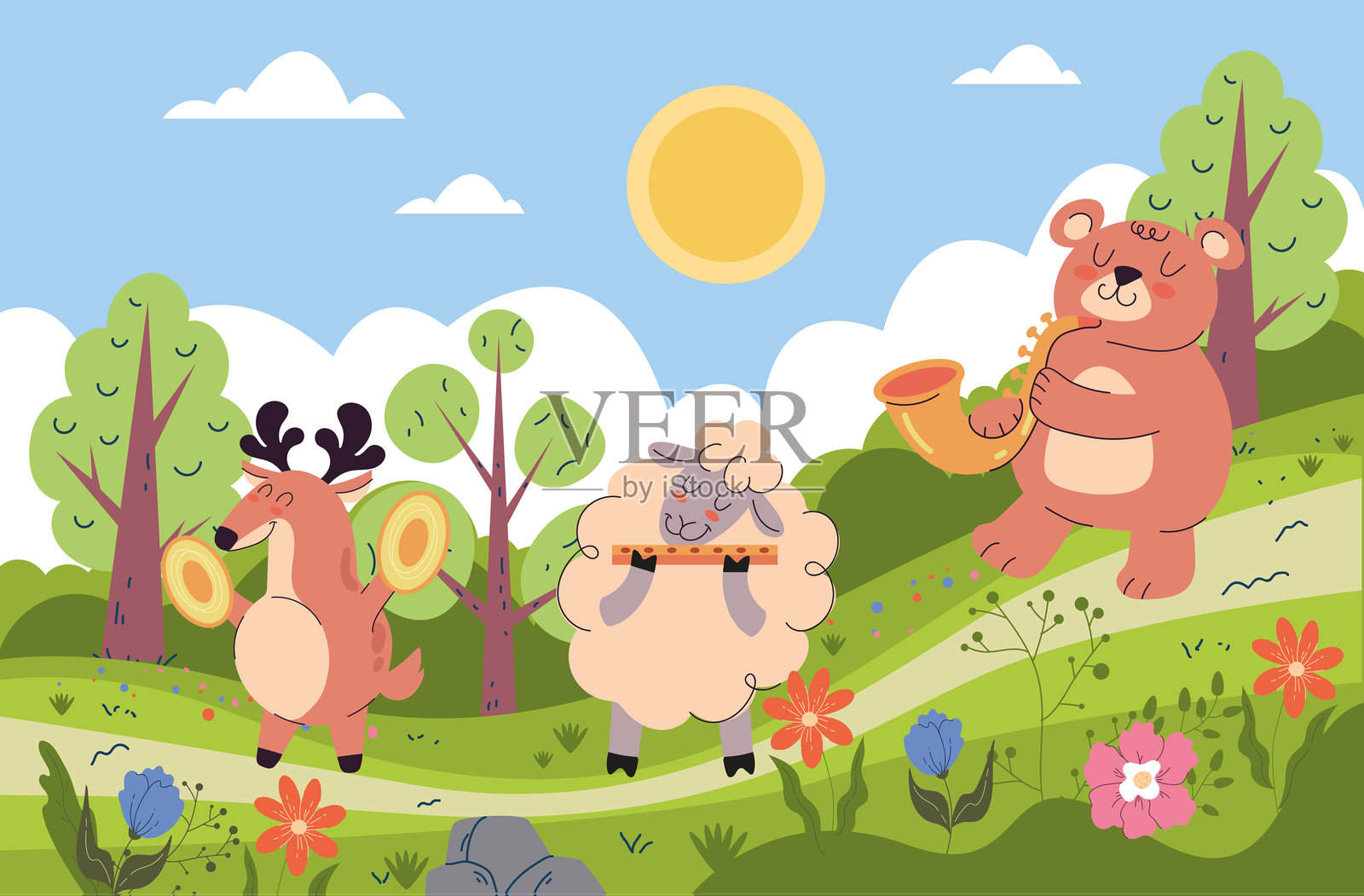 森林动物音乐家在草地上演奏音乐的概念。图形设计插图插画图片素材