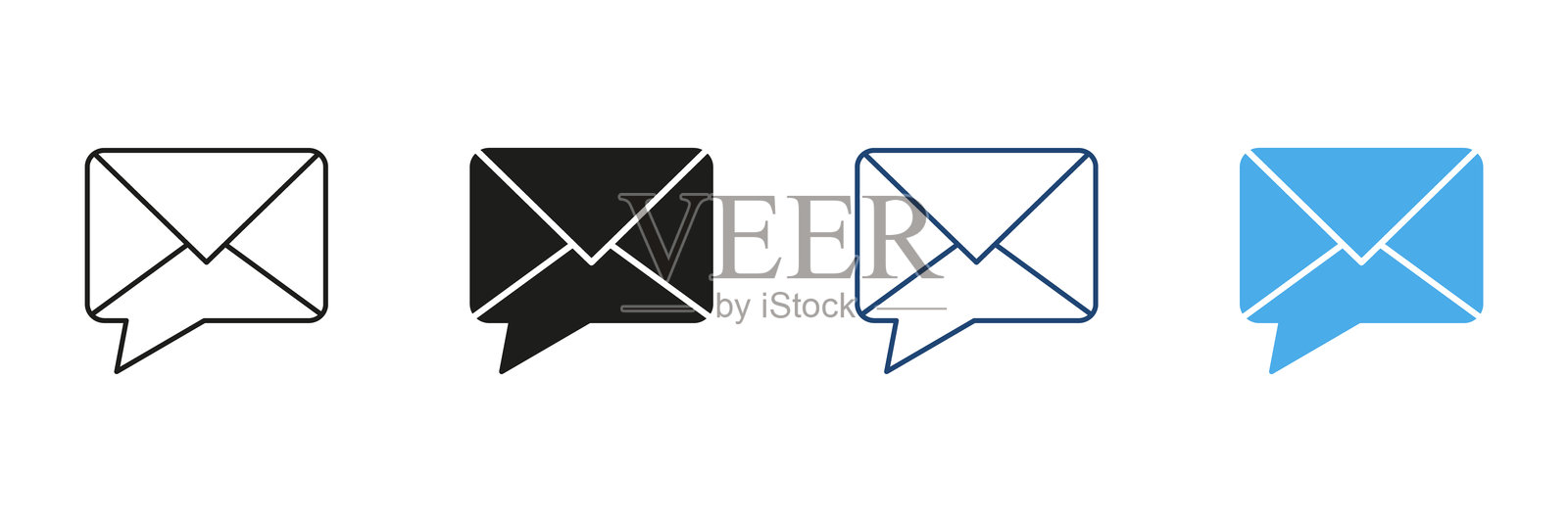 信封与对话气泡图标集。电子邮件沟通与消息轮廓和轮廓符号集合。数字通信与聊天界面。孤立的矢量插图。插画图片素材