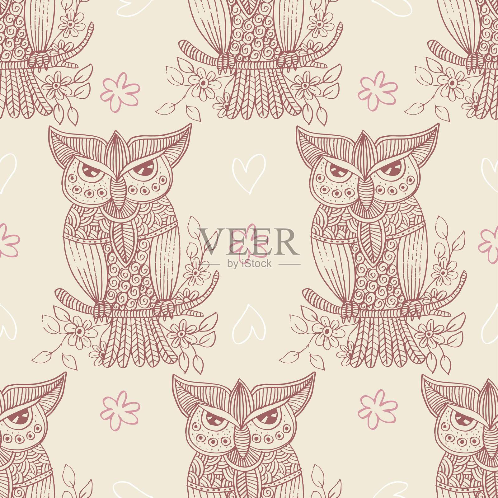 装饰性猫头鹰与花卉插图插画图片素材