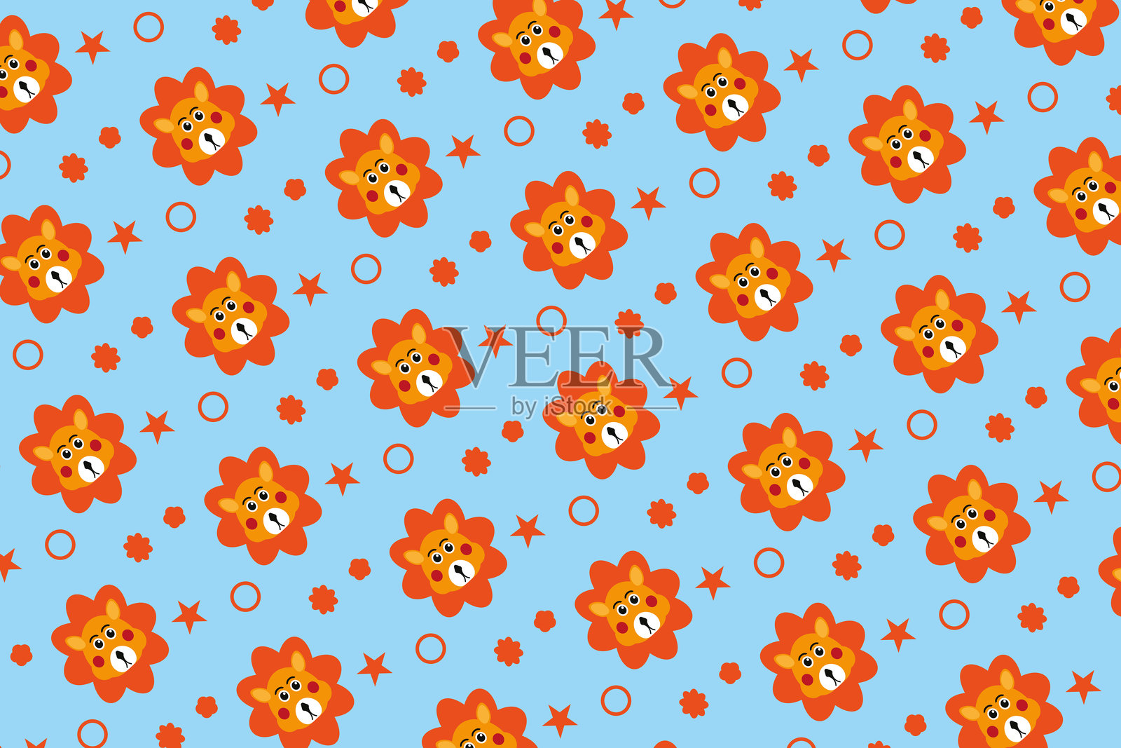 狮子无缝图案。可爱的平面风格动物。库存插图插画图片素材