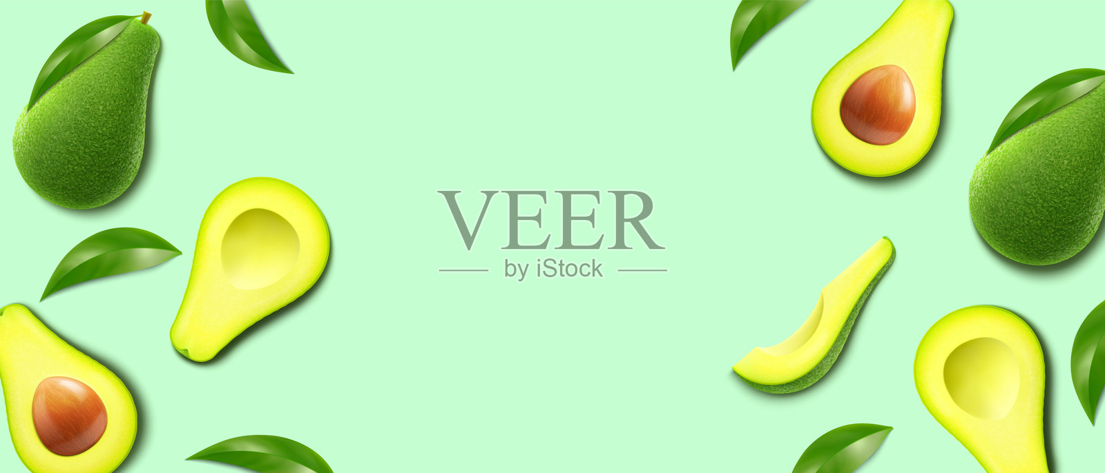 成熟的新鲜鳄梨在绿色背景上飞翔。整颗、半个和切片的新鲜鳄梨。可用于壁纸、横幅、印刷和包装纸。逼真的3D矢量插图。插画图片素材