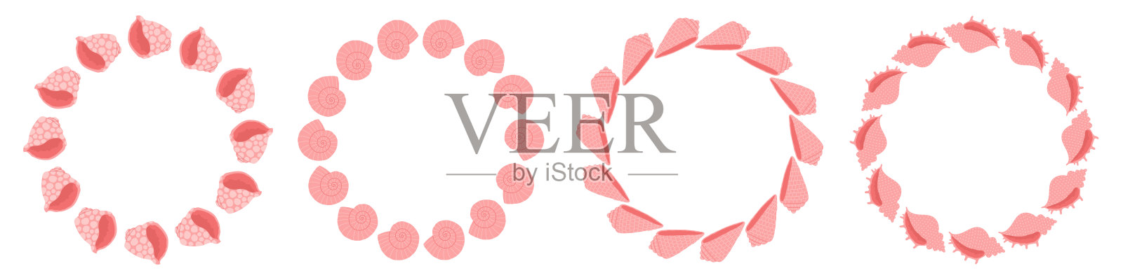 一组粉色贝壳圆形框架。插画图片素材