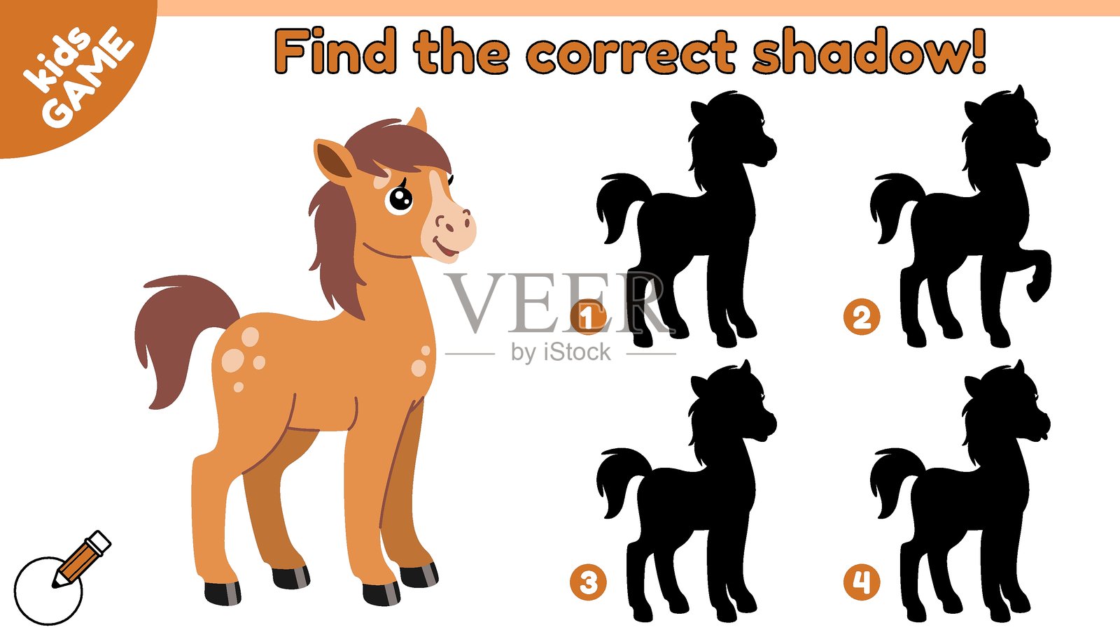 孩子们的游戏:找到农场小马驹的正确影子插画图片素材