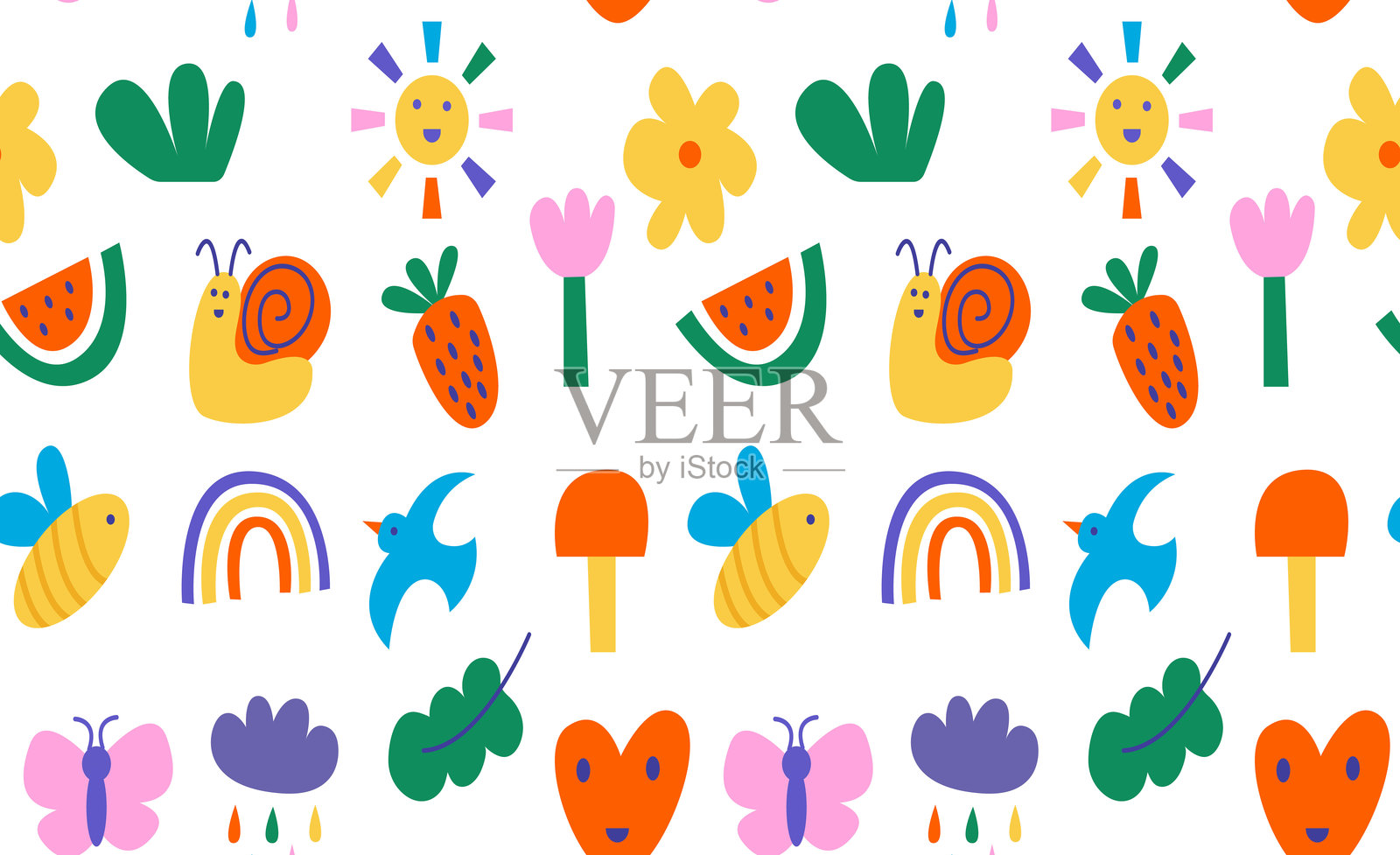 儿童夏季无缝图案,采用手绘的彩虹、太阳、花朵和草莓设计,可用于面料、包装、墙纸和包装纸。可爱的天真剪贴元素和涂鸦有机形状。矢量插图。插画图片素材
