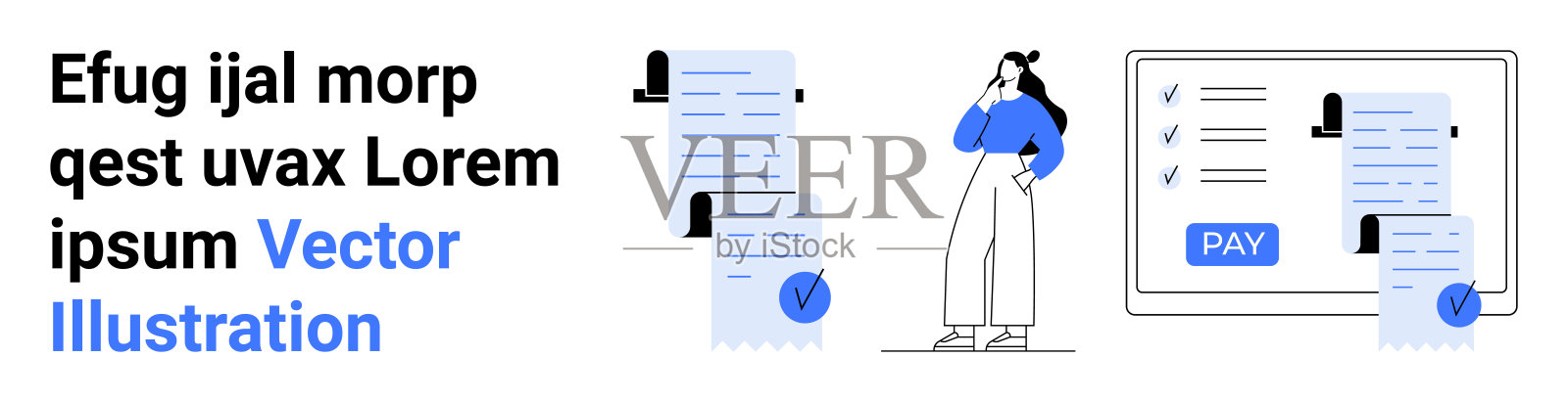 高效的在线支付流程,展示持收据、发票和支付确认的女性插画图片素材