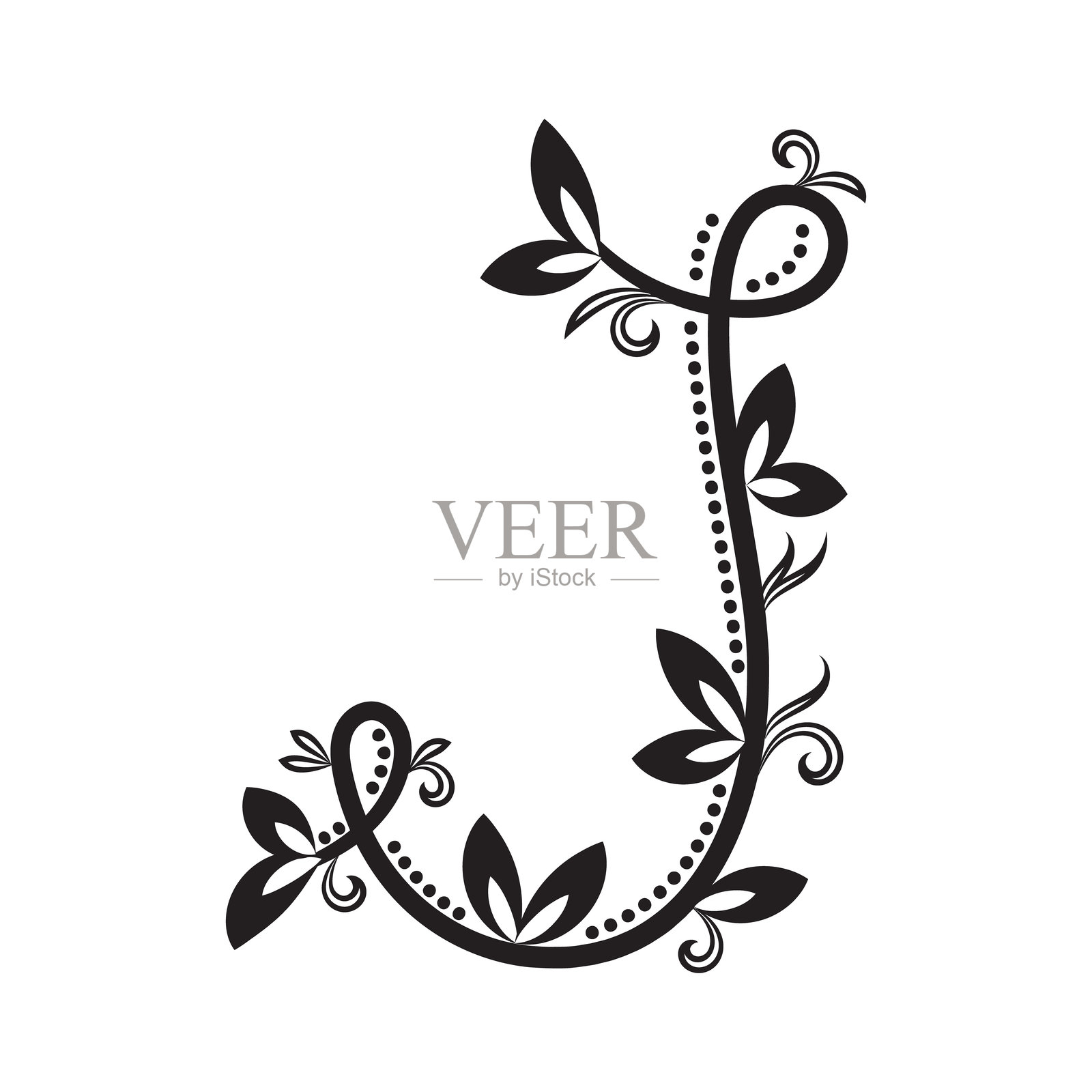 由黑色藤蔓和叶子构成的复古花卉字母J。非常适合植物设计、品牌推广或装饰性首字母。插画图片素材