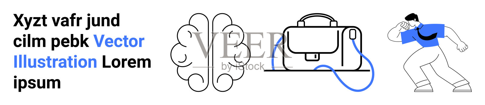 现代简约风格的脑部轮廓、带耳机的包和奔跑的人物插画图片素材