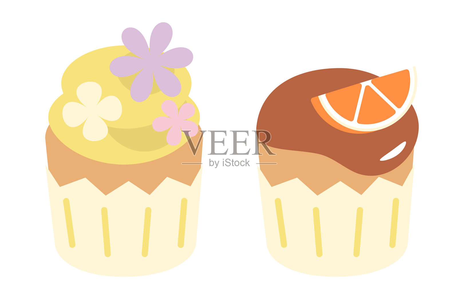 可爱的杯子蛋糕,上面装饰着花朵和橙色配料的扁平插图插画图片素材
