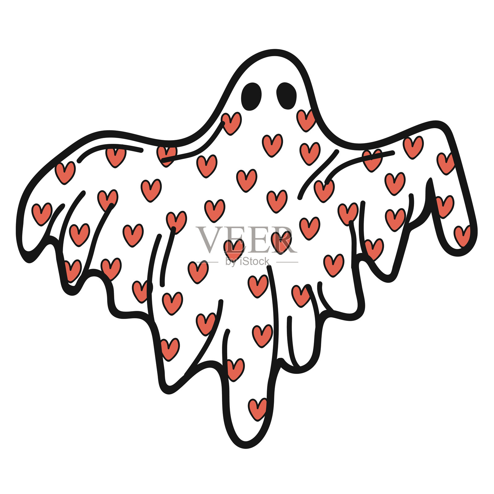 白色卡通鬼魂角色上有小红心。 有趣的万圣节插图或情人节装饰。插画图片素材