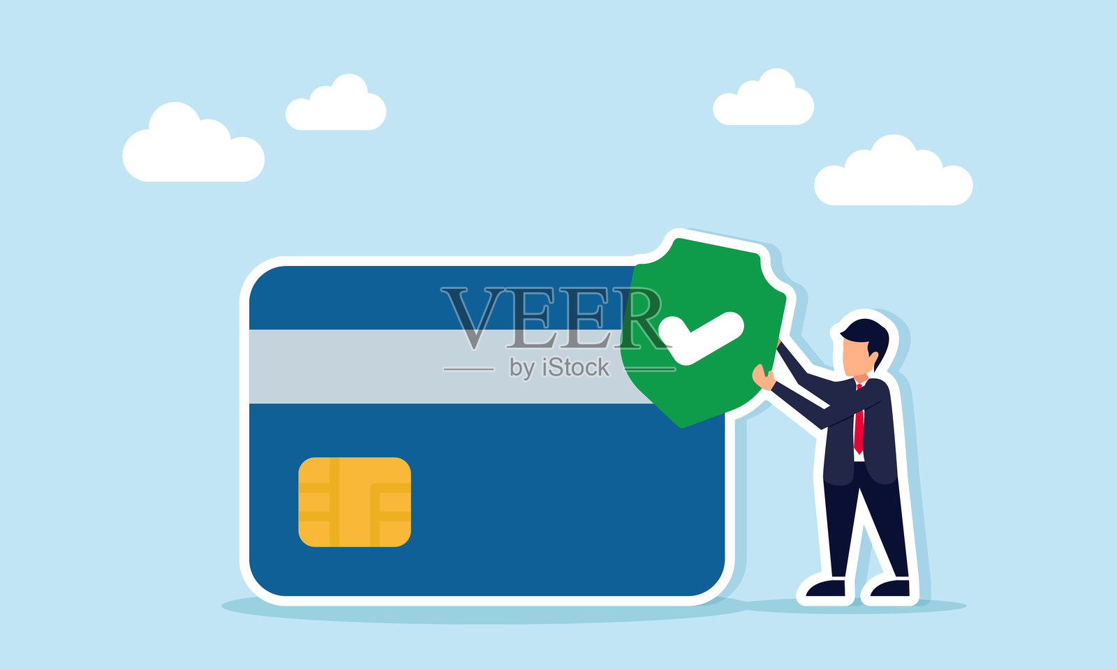 商人手持带有勾号的盾牌,旁边是一张信用卡或借记卡,插图展示商业财务稳定性和安全交易管理。插画图片素材