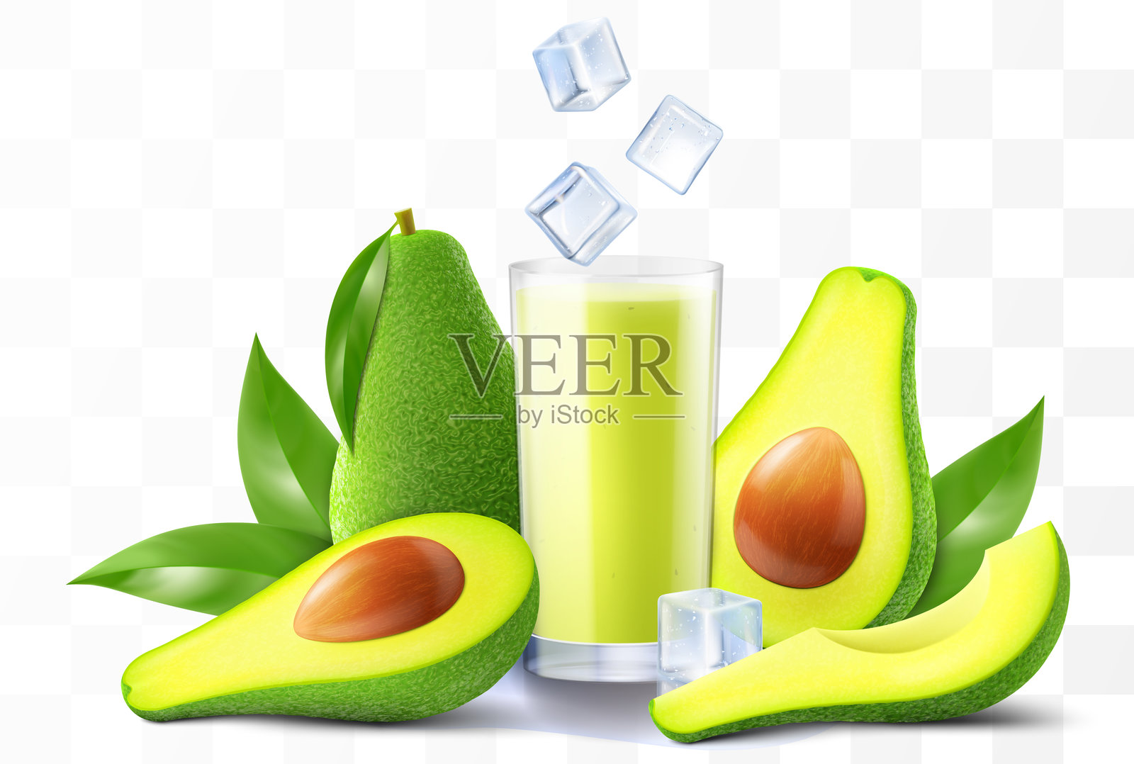 一杯新鲜的冰镇鳄梨汁。与透明背景隔离的鳄梨水果奶昔杯。逼真的3D矢量插图。插画图片素材