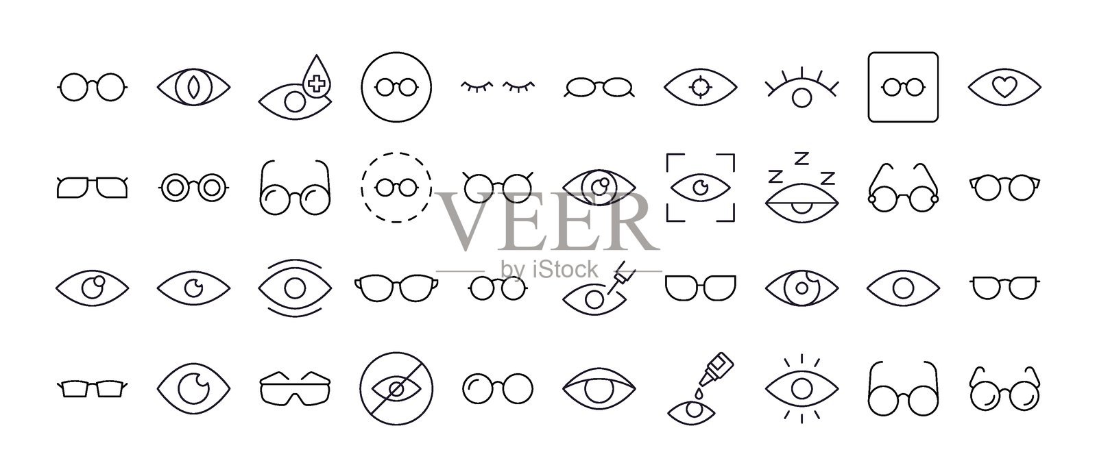 眼睛和眼镜细线图标集。图形和网页设计、应用程序、广告、各种卡片的轮廓标志插画图片素材