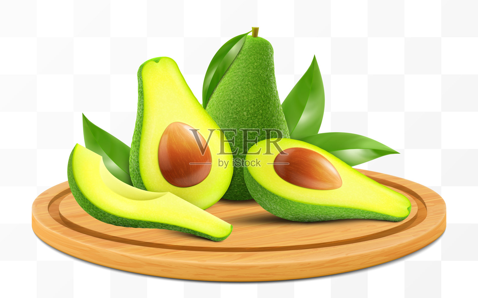 成熟美味的生鳄梨放在木托盘上。整只鳄梨和切好的绿色鳄梨片放在透明背景的切菜板上。逼真的3D矢量插图。插画图片素材