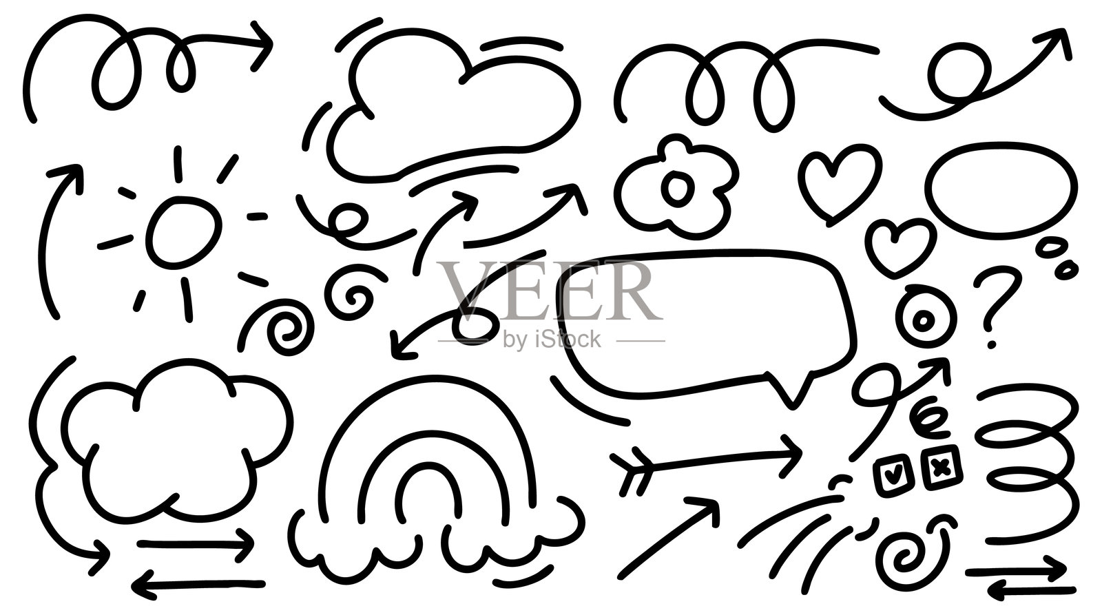 可爱的手绘涂鸦矢量图集,包括爱、自然、星星、云朵、天气、彩虹、花朵、气泡、心形和创意设计的矢量集合。插画图片素材