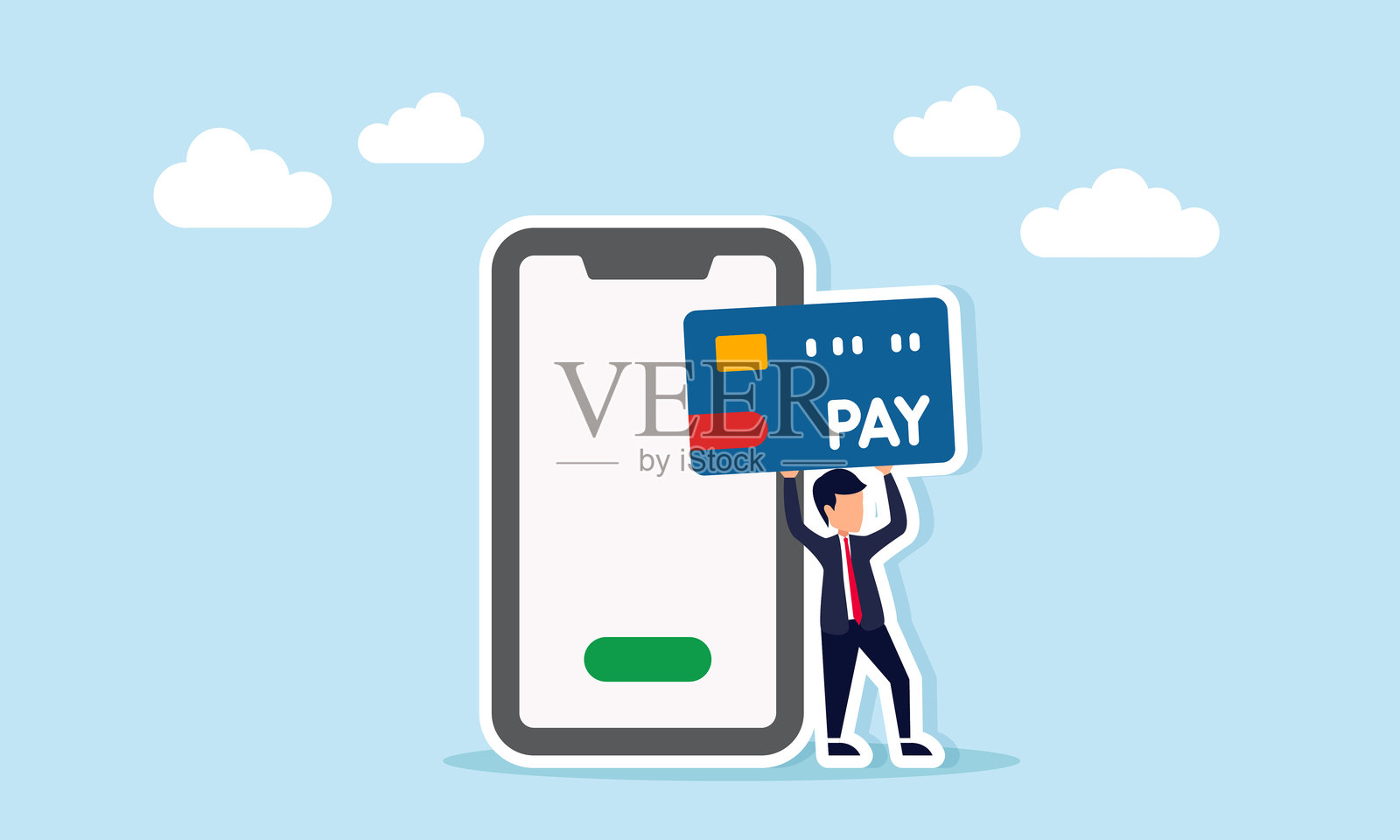 商人手持标有“PAY”的信用卡或借记卡,旁边有一部智能手机,展示无现金和基于技术的支付系统的插图插画图片素材