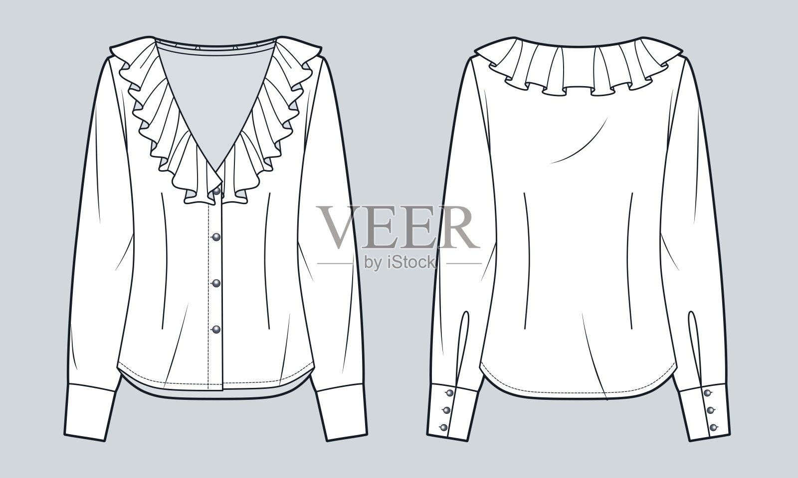 女性荷叶边衬衫技术时尚插图。长袖衬衫时尚平面技术图纸模板,正面和背面视图,扣子闭合,白色,女性CAD模型。插画图片素材