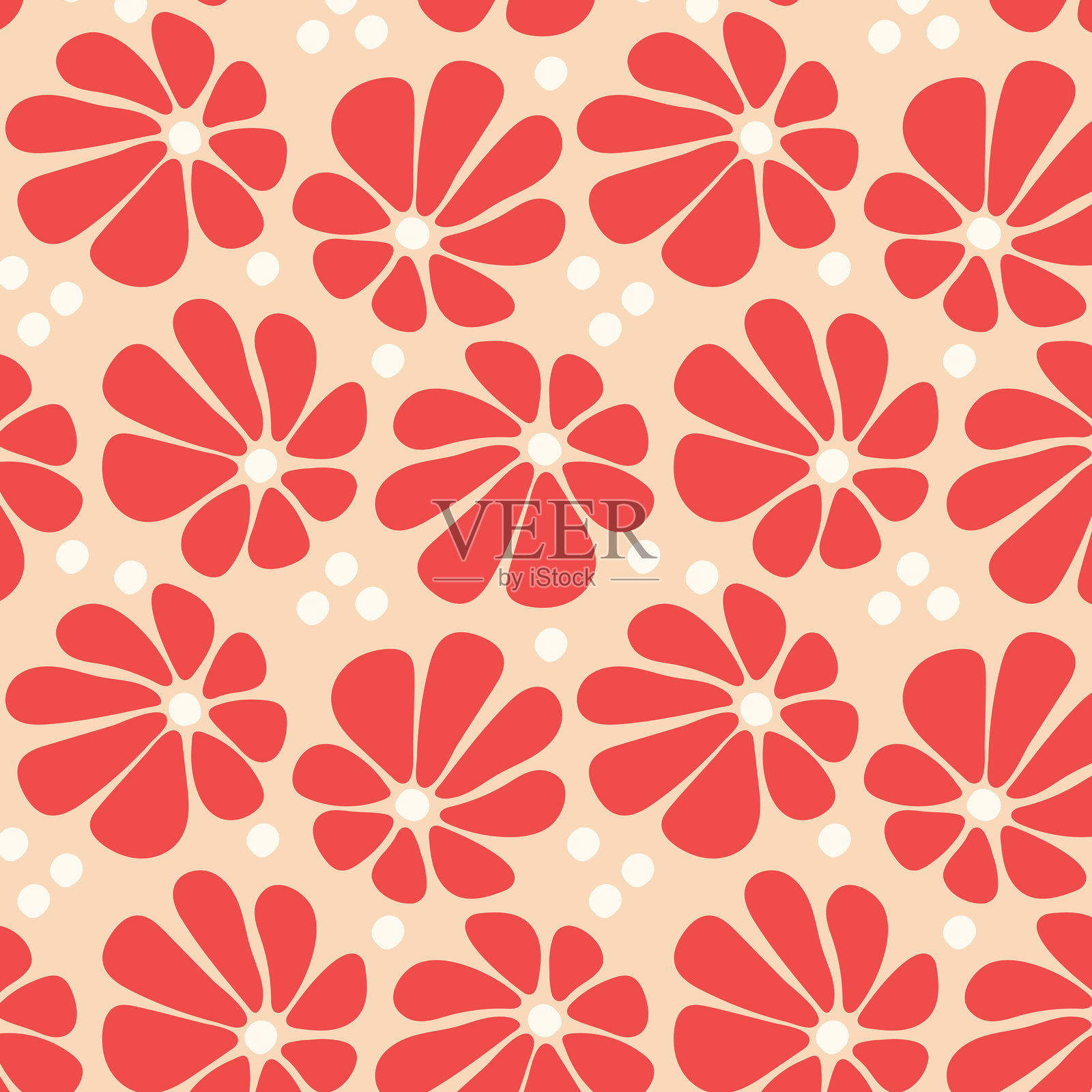 无缝复古花卉图案,红色与米色相间。红色花朵图案配以米色背景上的白色圆点,呈现无缝复古风格,适合用于纺织品、墙纸和数字设计。插画图片素材