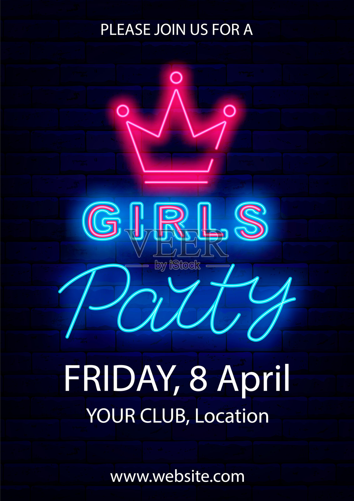 女孩派对霓虹标签与皇冠。仅限女士。垂直模板传单。矢量库存插图插画图片素材