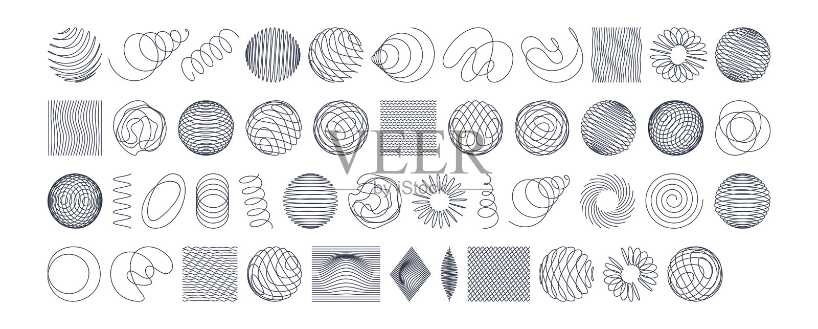 设计用的不同图形元素集合。带扭曲线条的球体。带有波浪线的抽象背景。动态效果。手绘风格。用于科学或技术的3D矢量插图。插画图片素材