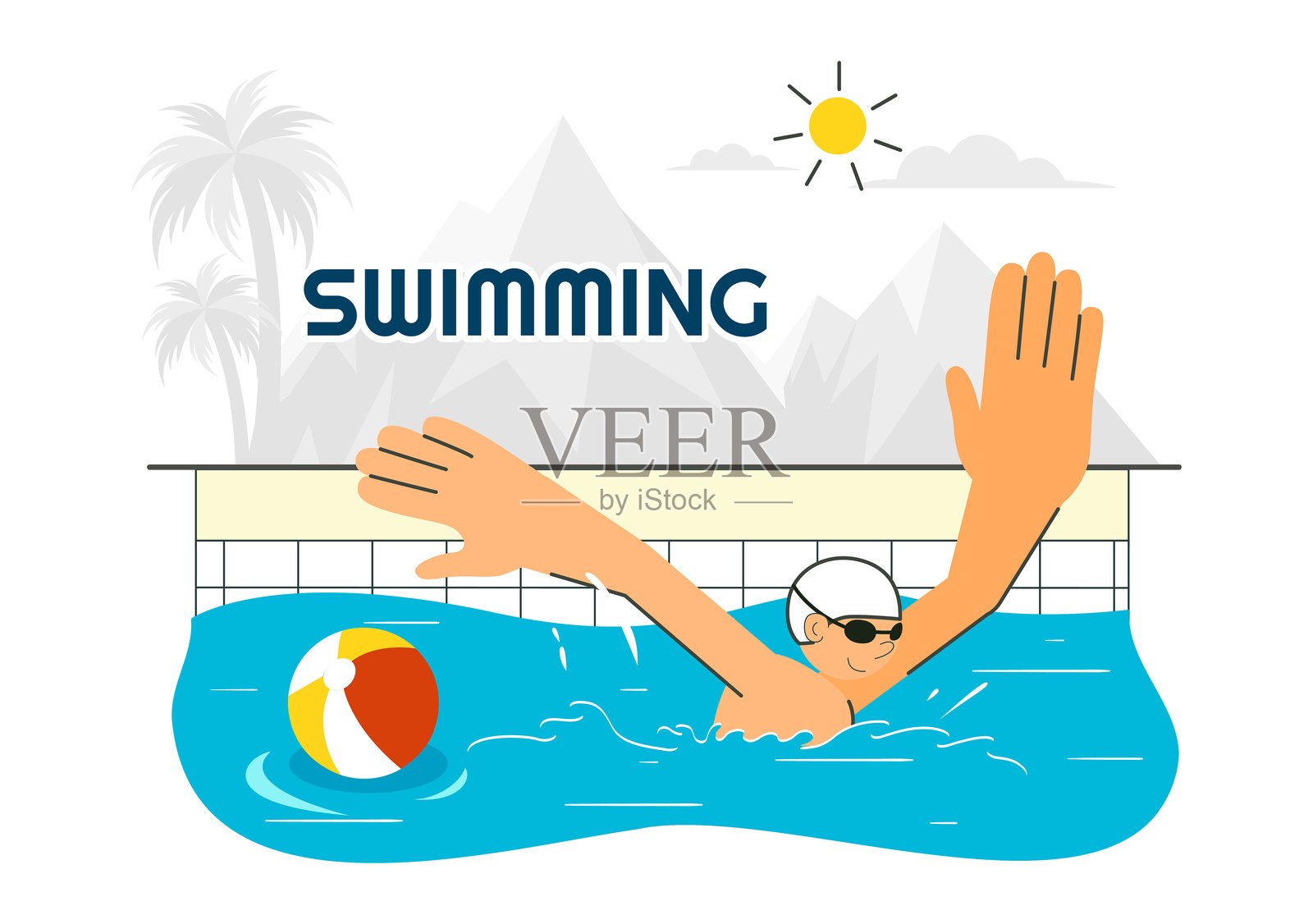 游泳池矢量插图,展示夏季假日景观概念,包括游泳活动、水上运动和娱乐休闲。插画图片素材