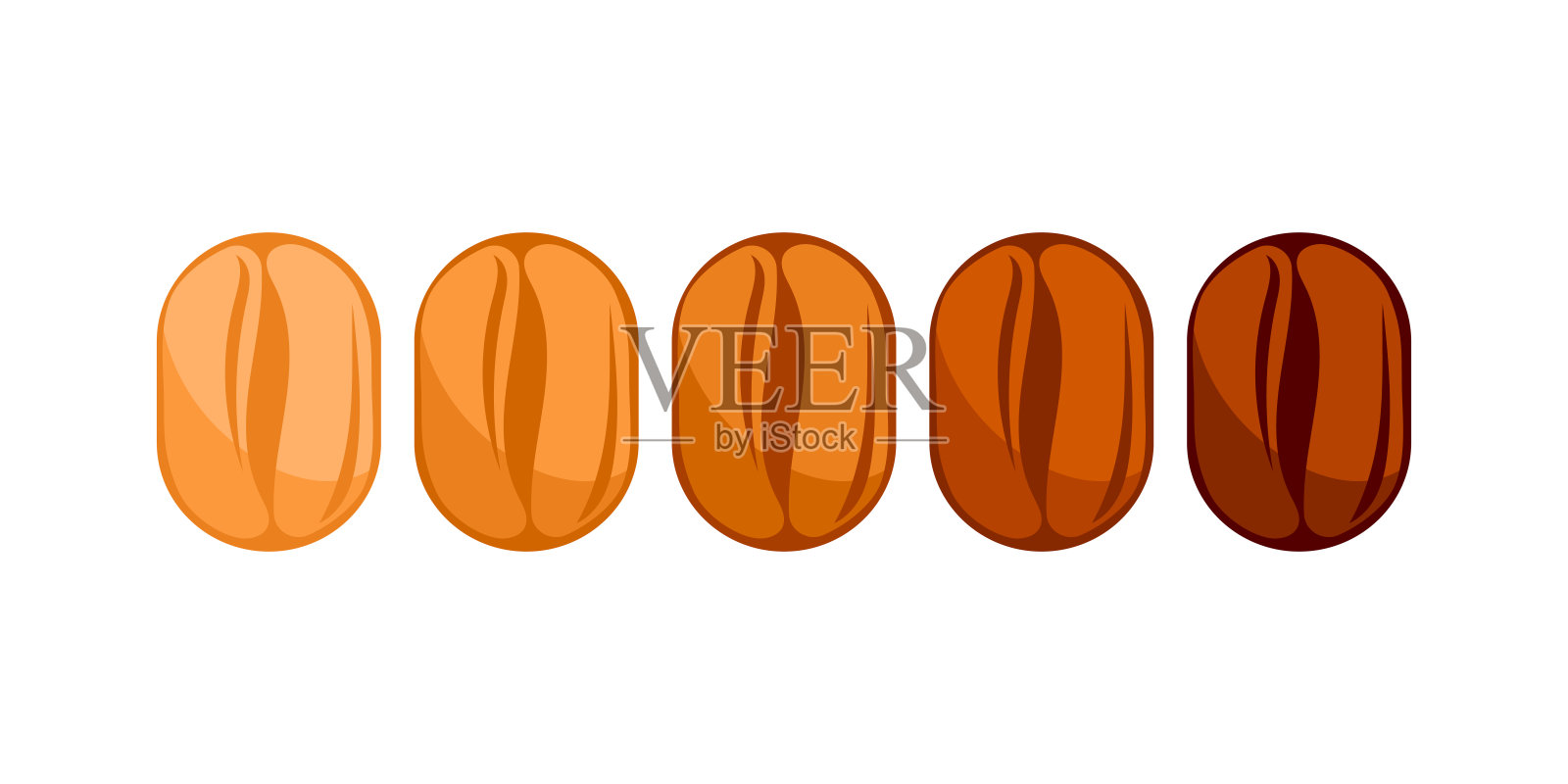 五颗咖啡豆展示了从浅烘焙到深烘焙的不同烘焙程度插画图片素材