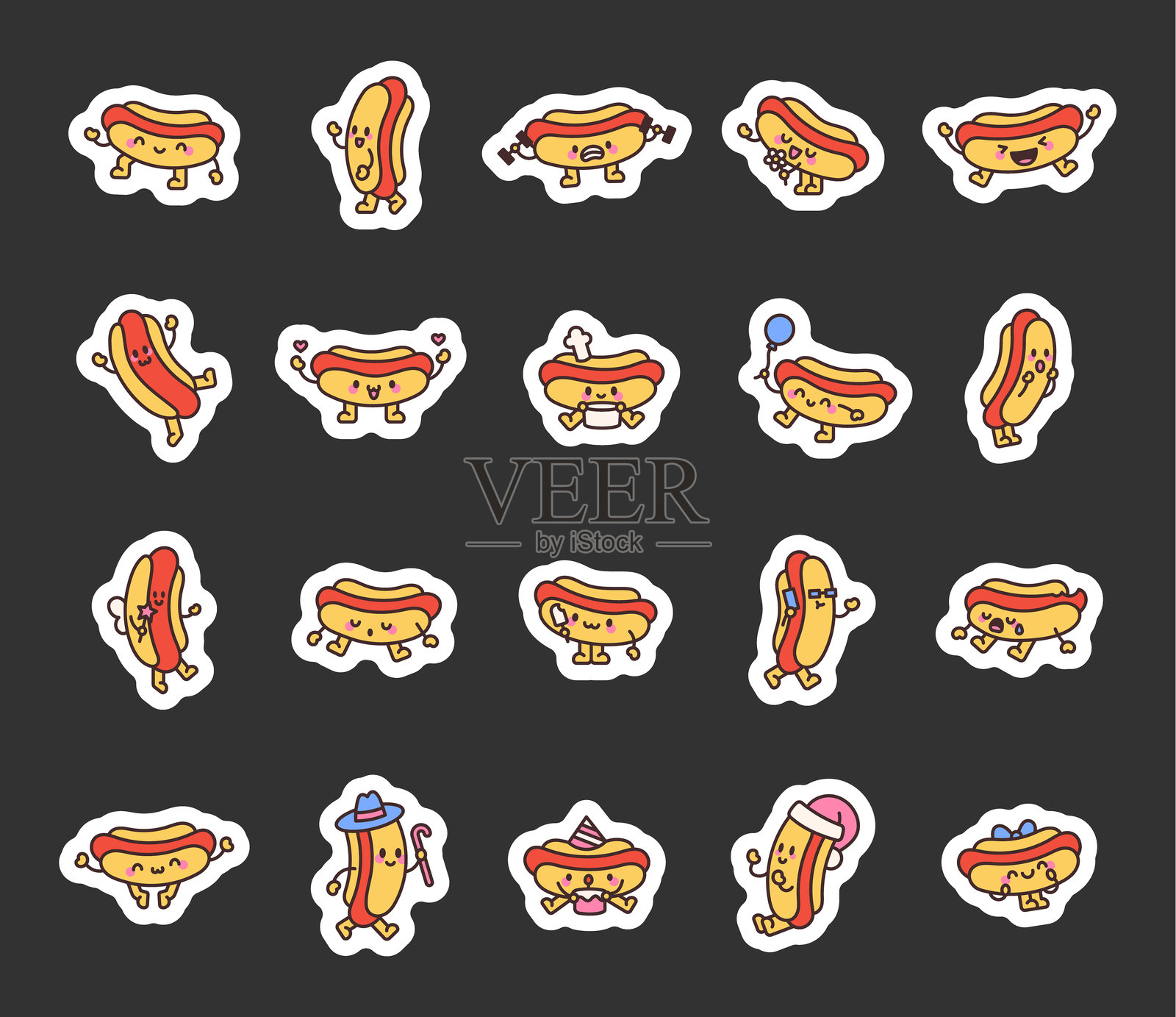 热狗角色系列,展现迷人的情感和有趣的动作,如打招呼、跳舞、坐着、拿着气球、做饭、情人节和安静地休息。插画图片素材