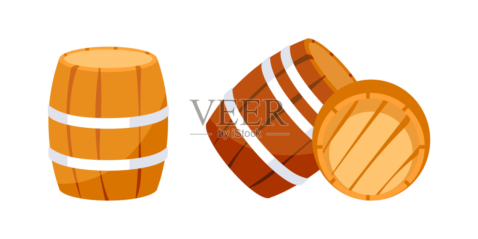 一组木桶,孤立在白色背景上插画图片素材