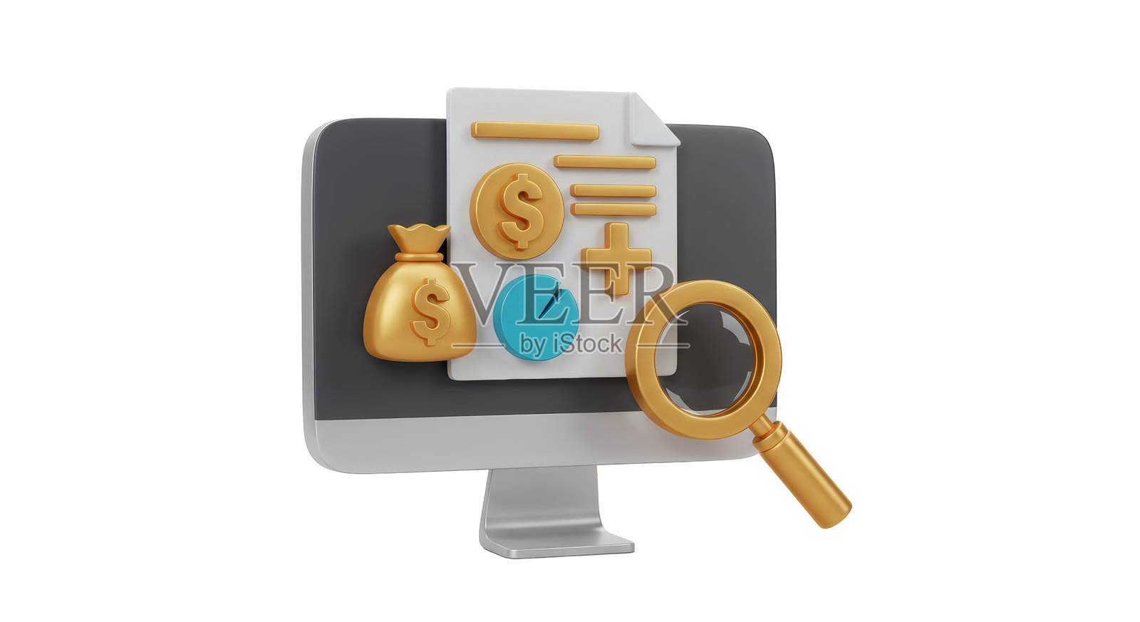 孤立的计算机屏幕显示财务分析与放大镜照片摄影图片