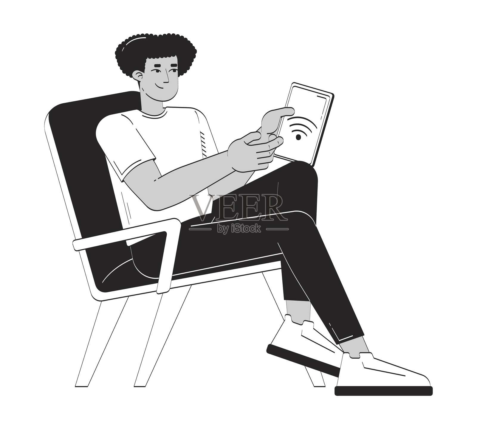 拉丁裔男子通过平板电脑控制智能设备的涂鸦线条角色插画图片素材