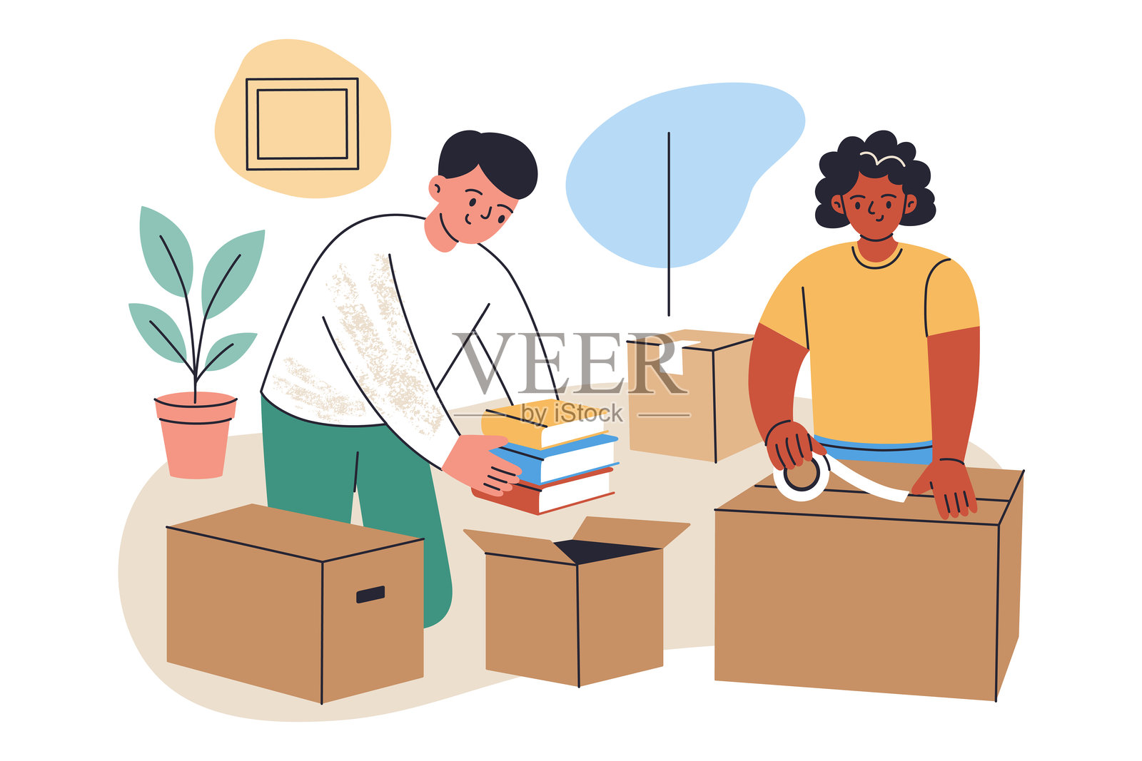 人们打包搬家箱子的矢量插图,男女准备搬迁,卡通人物搬出,带有家庭室内和打包好的纸箱的平面场景插画图片素材