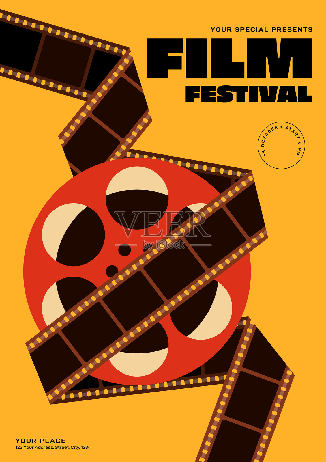 电影和电影节海报模板设计。复古电影胶卷和轮廓胶卷条,独立于黄色背景。插画图片素材