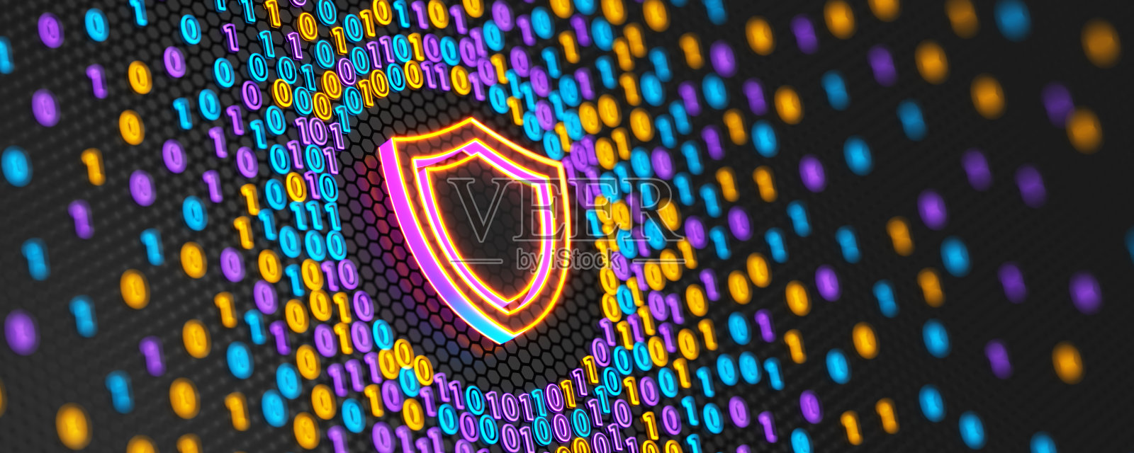 数字盾牌标志与二进制代码背景。大数据与加密计算机代码。互联网安全与隐私概念。3D插图。照片摄影图片