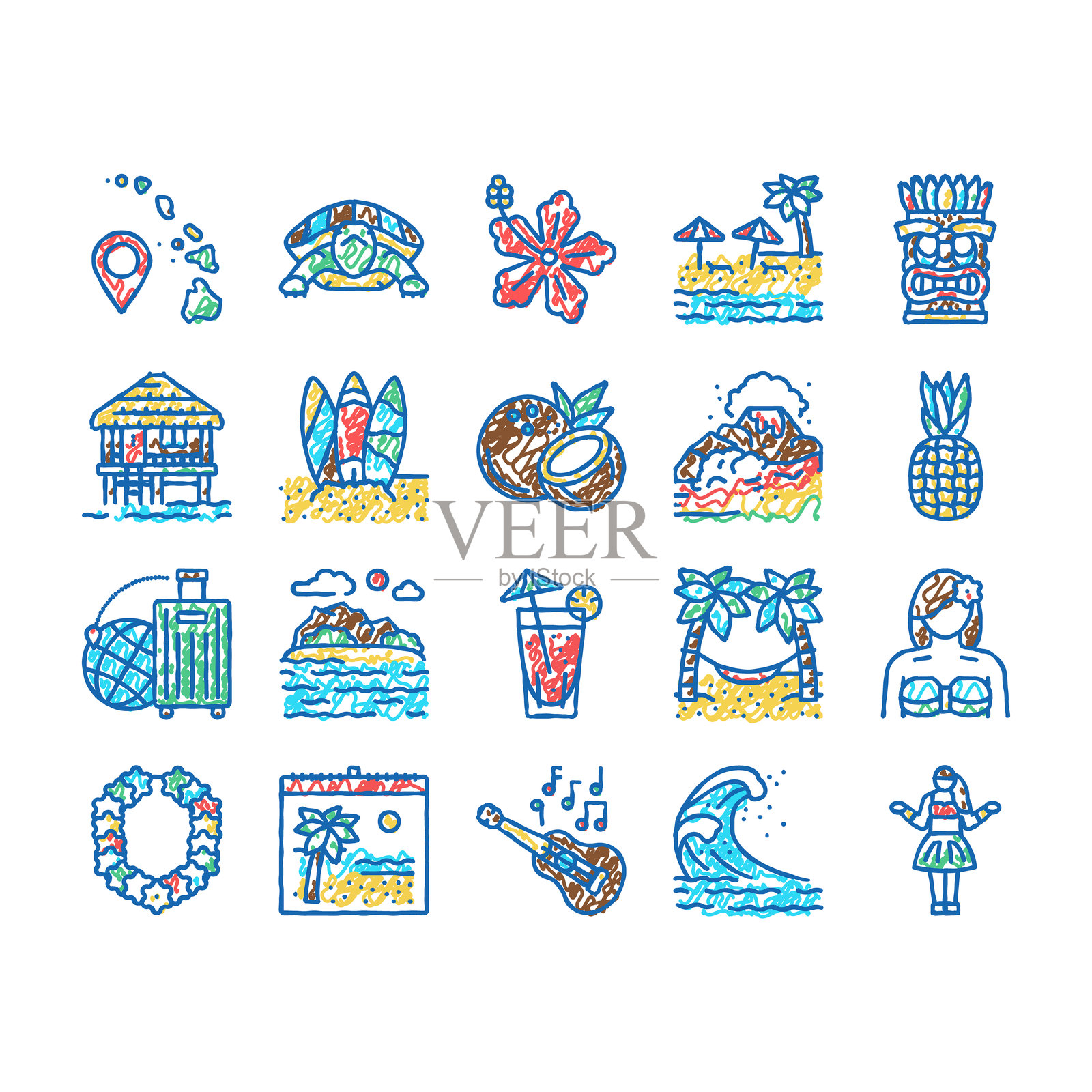 夏威夷岛度假村图标手绘插画图片素材