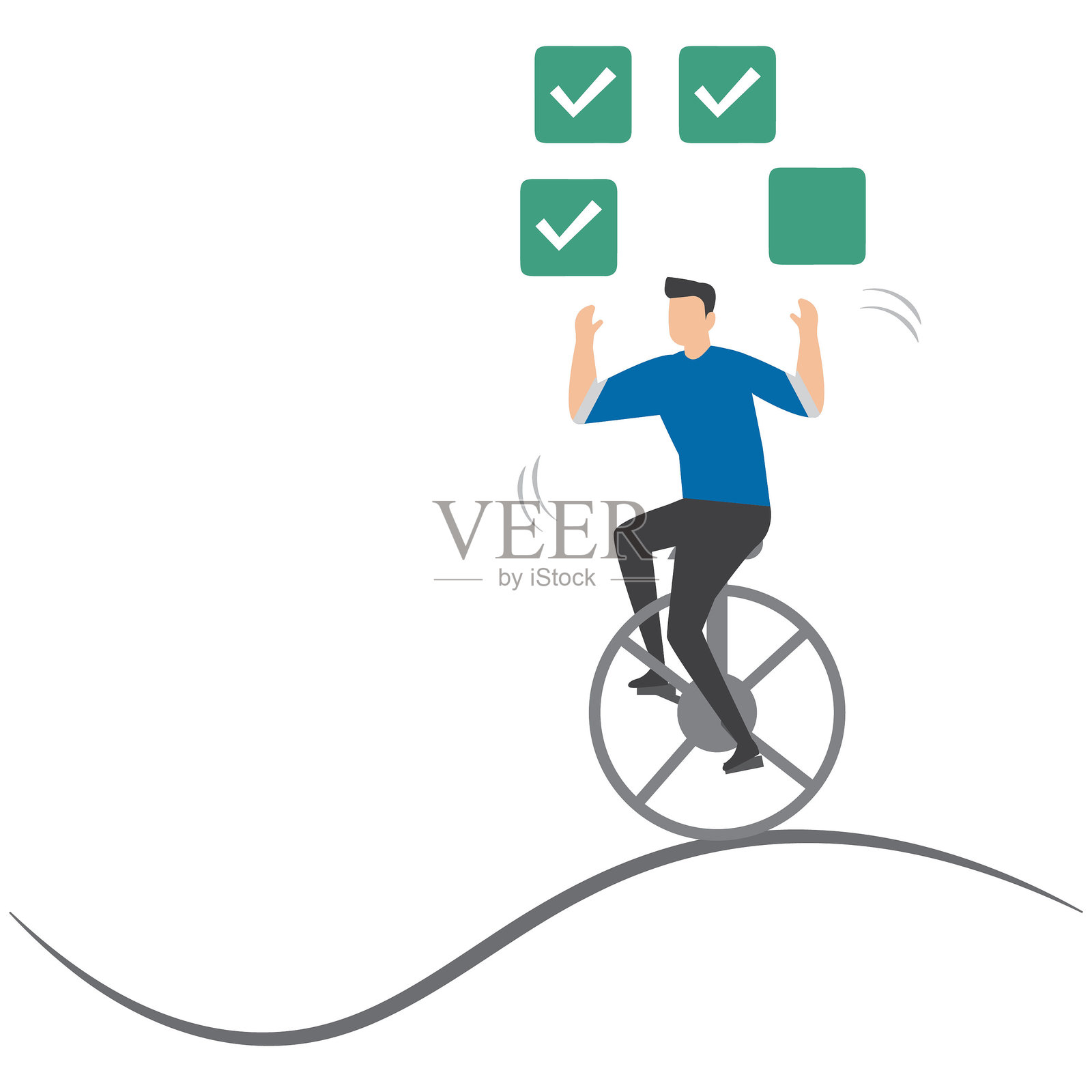 商人骑在独轮车上 juggling 复选框,象征着任务管理和生产力插画图片素材