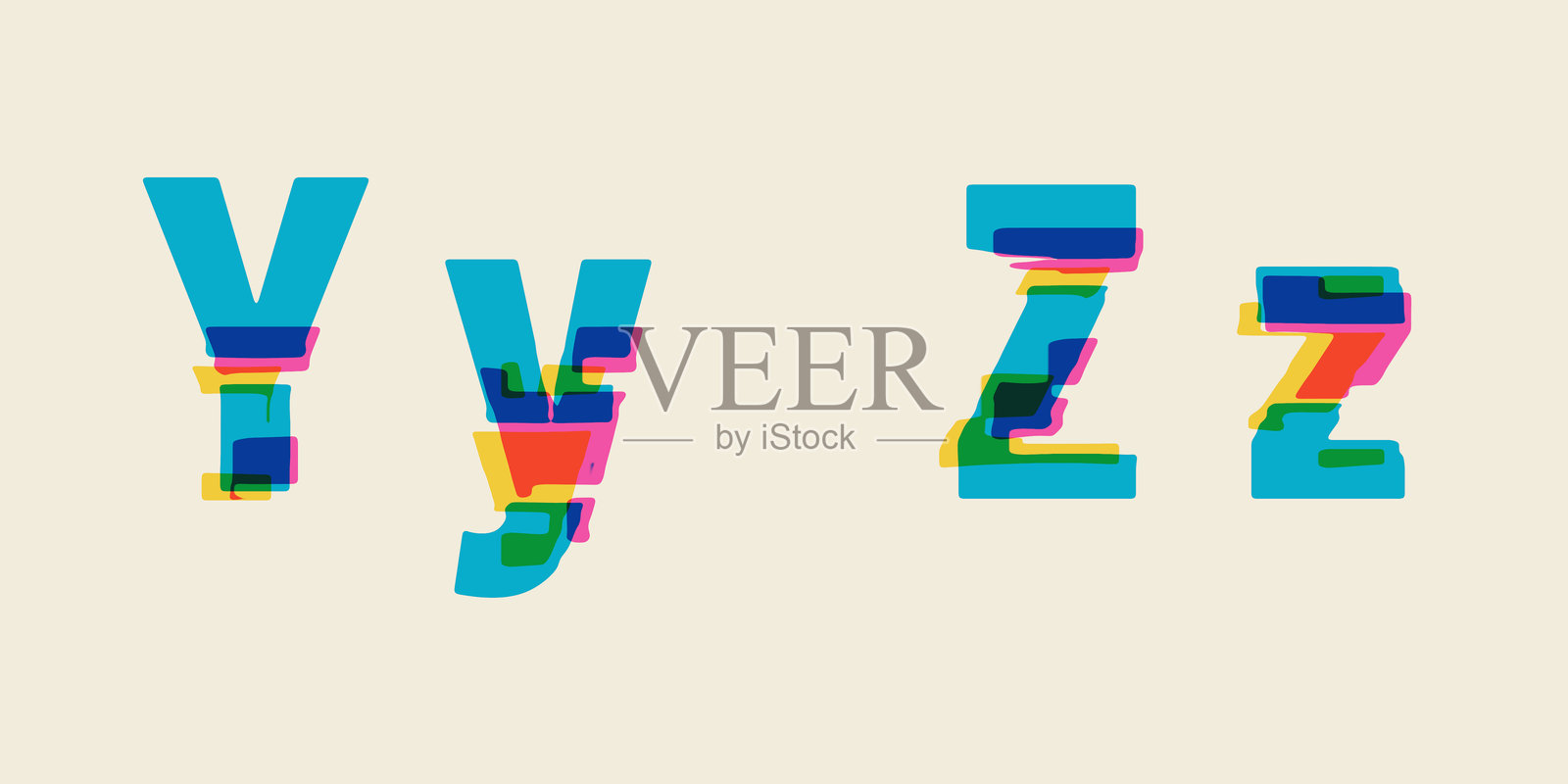 由多彩字母组成的字母表,带有故障效果,小写和大写字母Y、Z照片摄影图片