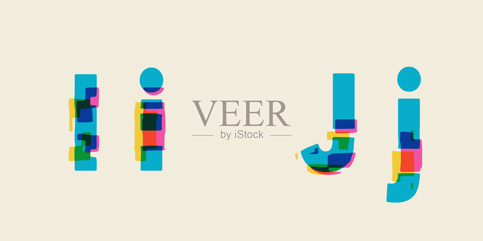 由多彩字母组成的字母表,带有故障效果,小写和大写字母I、J照片摄影图片