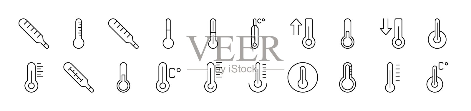 温度计轮廓简单线条图像集合。可编辑的线条。适合网站、书籍、卡片、应用程序。插画图片素材