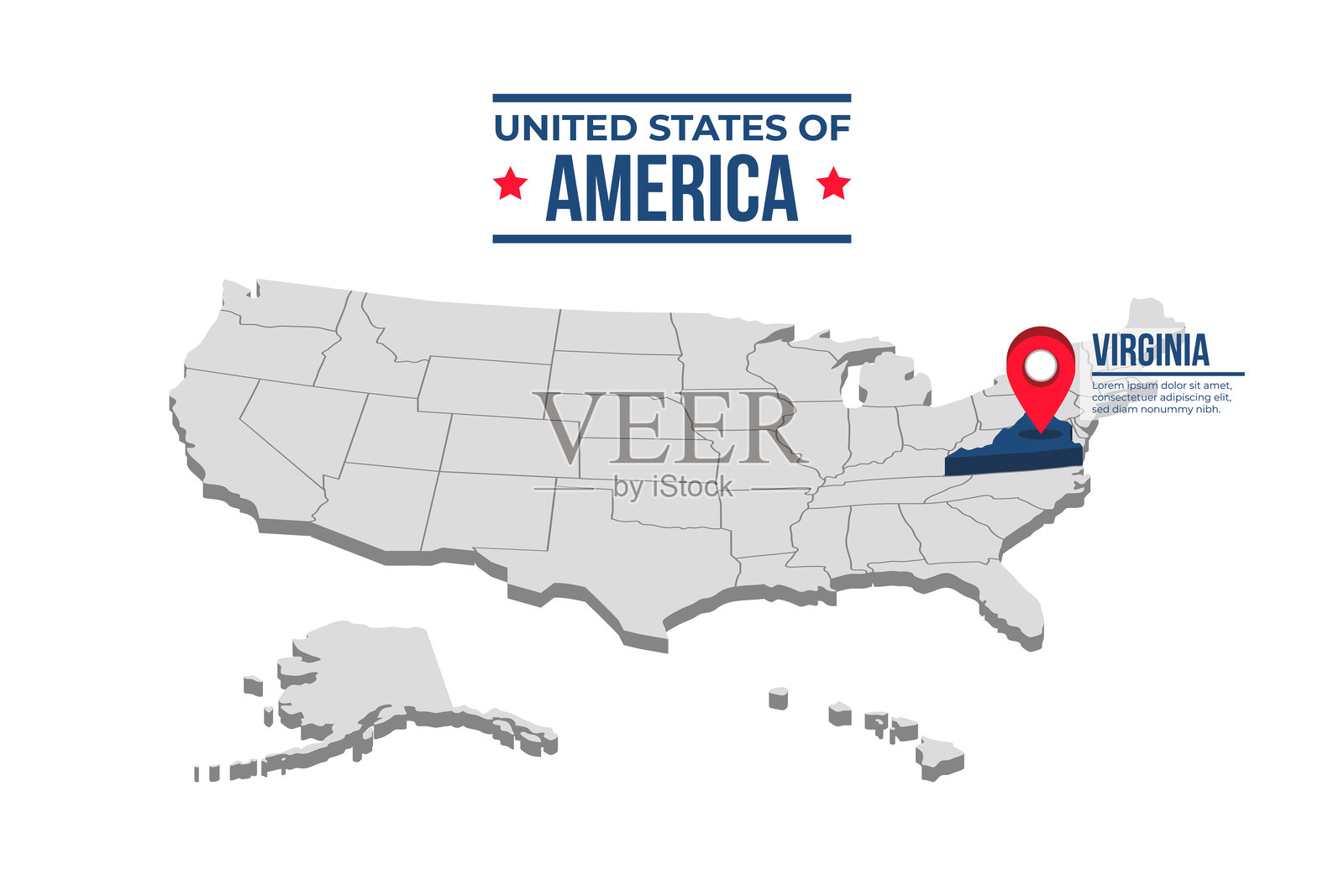 美国三维等距地图上突出显示的弗吉尼亚州插画图片素材