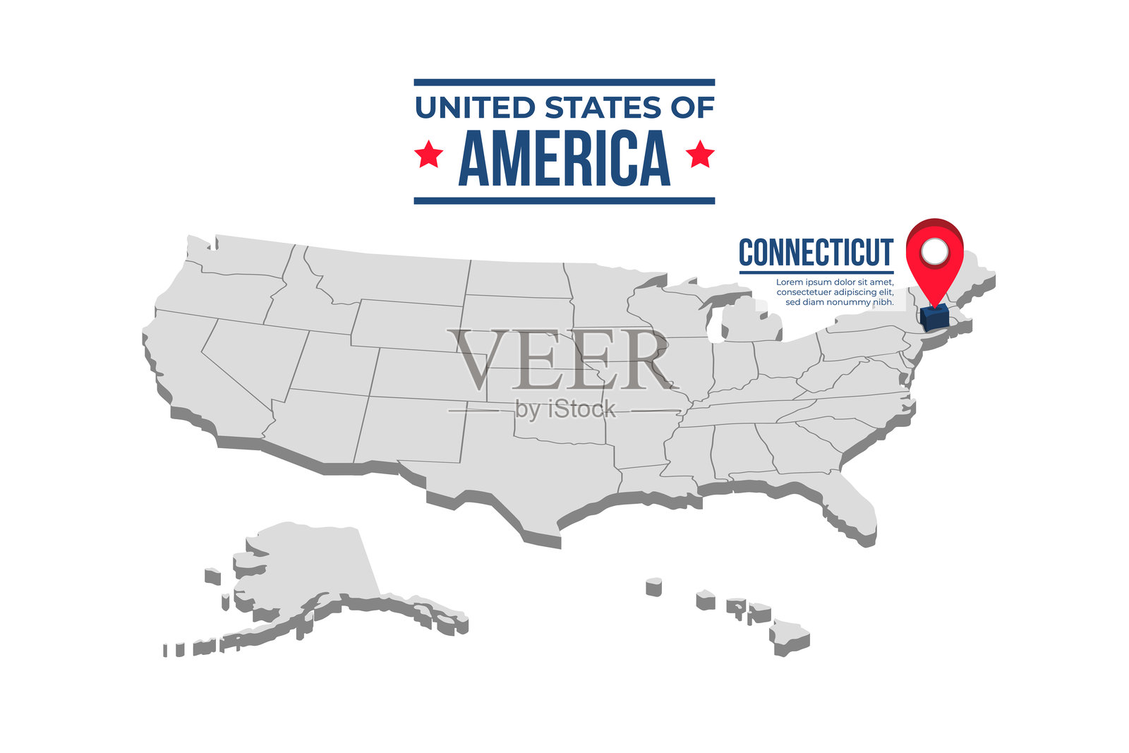 美国三维等距地图上突出显示的康涅狄格州插画图片素材