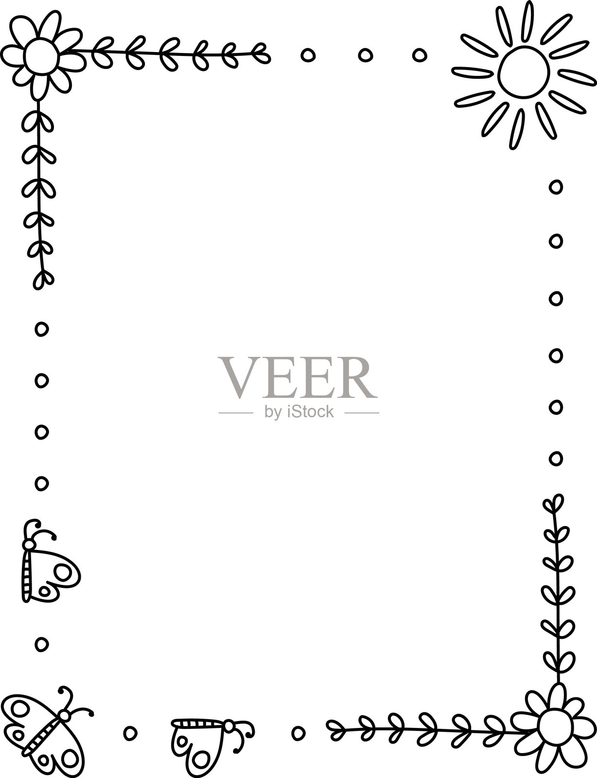 带有花朵、甲虫和蜜蜂的儿童涂鸦边框元素_03_套装_1插画图片素材