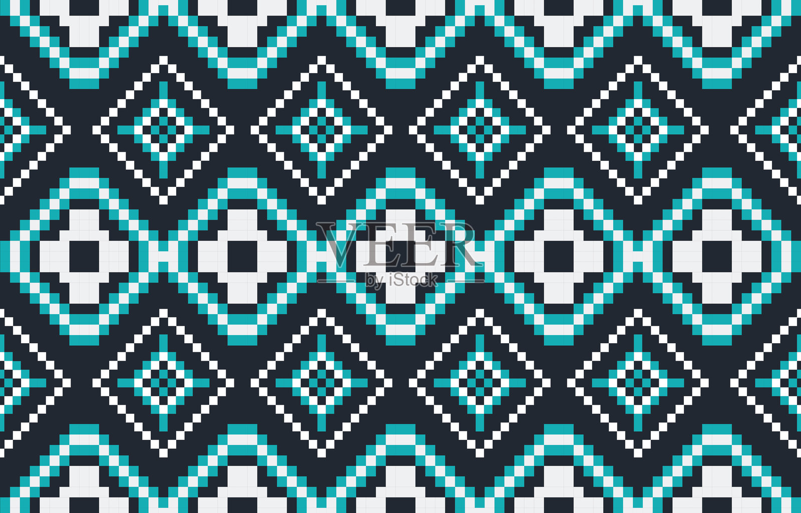 无缝青色、白色和黑色像素化几何图案设计纺织面料印刷插画图片素材