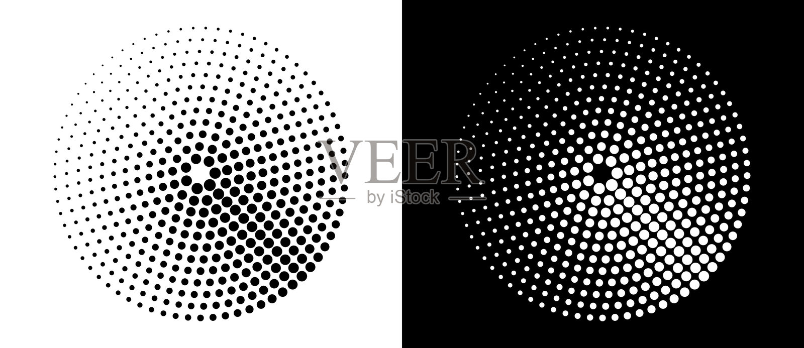 现代抽象背景。圆形的半色调点。圆形标志。矢量点状框架。设计元素或图标。黑色形状在白色背景上,以及相同的白色形状在黑色背景上。插画图片素材
