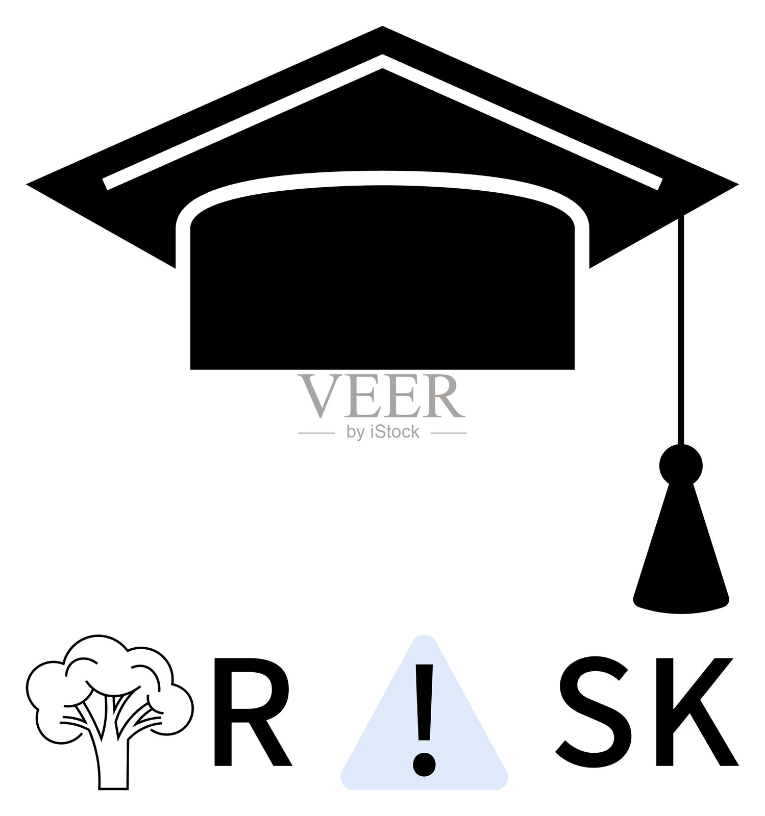毕业帽与警告标志、树木和“风险”字母的组合插画图片素材